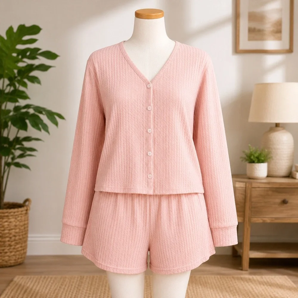 NWT Cupshe Pajama Set Womens Medium Pink Ribbed Cardigan and Shorts Loungewear